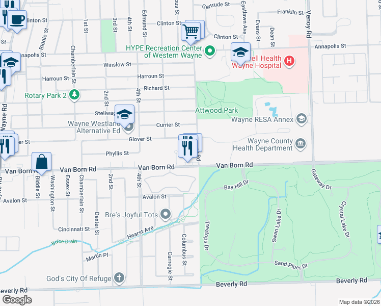map of restaurants, bars, coffee shops, grocery stores, and more near 33970 Van Born Road in Wayne