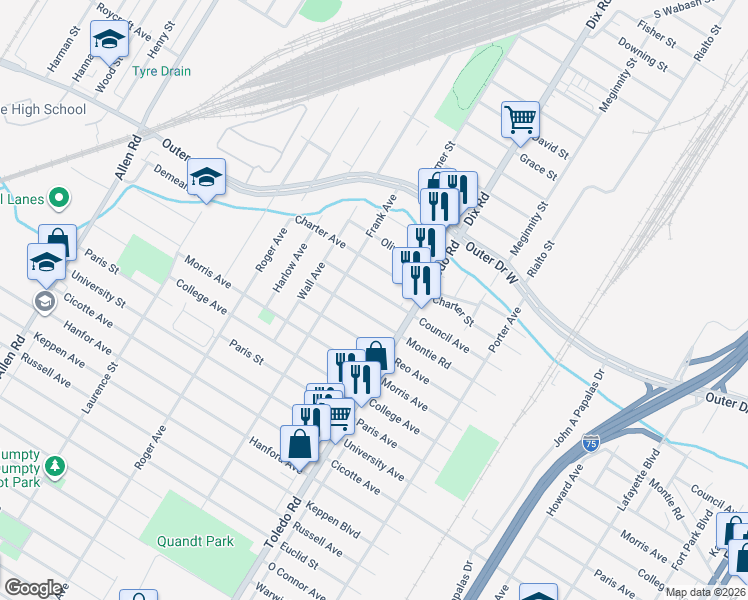 map of restaurants, bars, coffee shops, grocery stores, and more near 2090 Charter Street in Lincoln Park