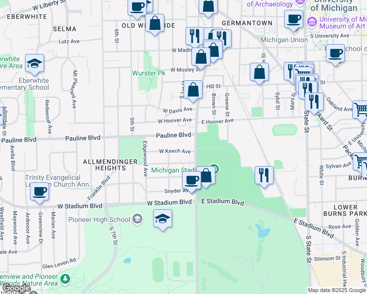 map of restaurants, bars, coffee shops, grocery stores, and more near 305 Pauline Boulevard in Ann Arbor