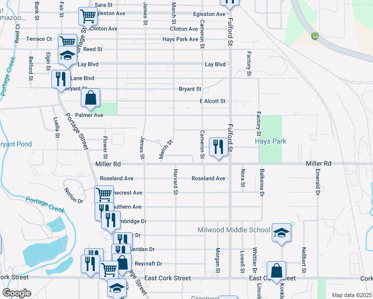 map of restaurants, bars, coffee shops, grocery stores, and more near 1423 Trails End Street in Kalamazoo
