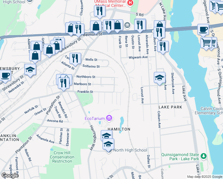 map of restaurants, bars, coffee shops, grocery stores, and more near 807 Franklin Street in Worcester