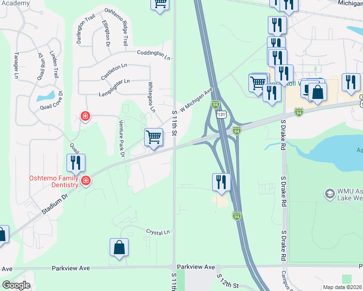 map of restaurants, bars, coffee shops, grocery stores, and more near 2257 South 11th Street in Kalamazoo
