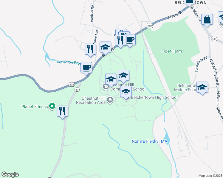 map of restaurants, bars, coffee shops, grocery stores, and more near 59 State Street in Belchertown