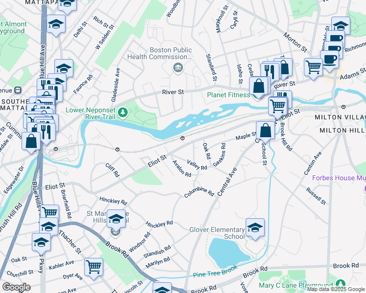 map of restaurants, bars, coffee shops, grocery stores, and more near Eliot Street in Milton