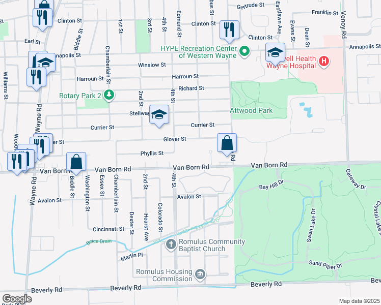 map of restaurants, bars, coffee shops, grocery stores, and more near 34240 Van Born Rd in Wayne