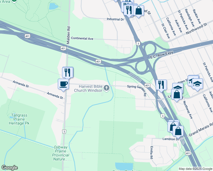 map of restaurants, bars, coffee shops, grocery stores, and more near Spring Garden Road in Windsor
