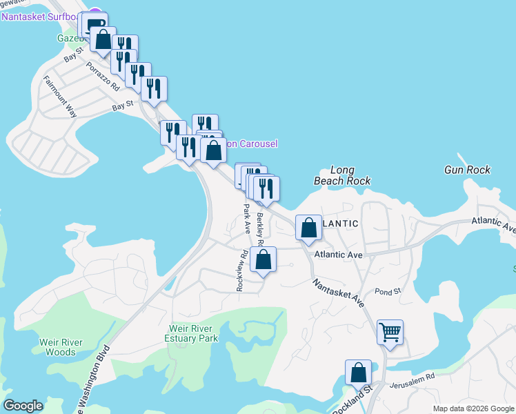map of restaurants, bars, coffee shops, grocery stores, and more near 169A Nantasket Avenue in Hull