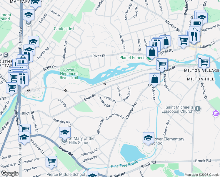 map of restaurants, bars, coffee shops, grocery stores, and more near 279 Eliot Street in Milton