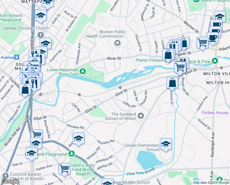 map of restaurants, bars, coffee shops, grocery stores, and more near 291 Valley Road in Milton