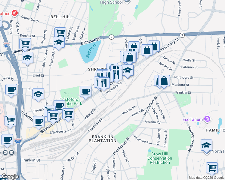 map of restaurants, bars, coffee shops, grocery stores, and more near 299 Shrewsbury Street in Worcester