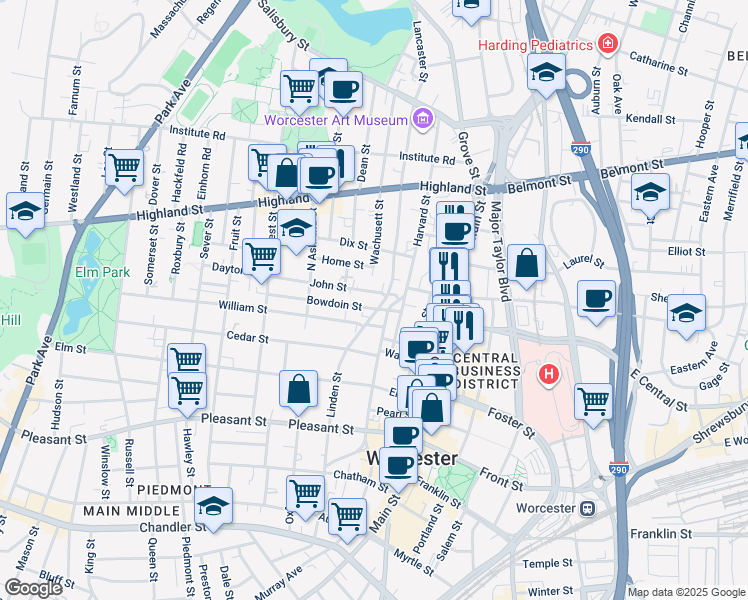 map of restaurants, bars, coffee shops, grocery stores, and more near 6 Wachusett Street in Worcester