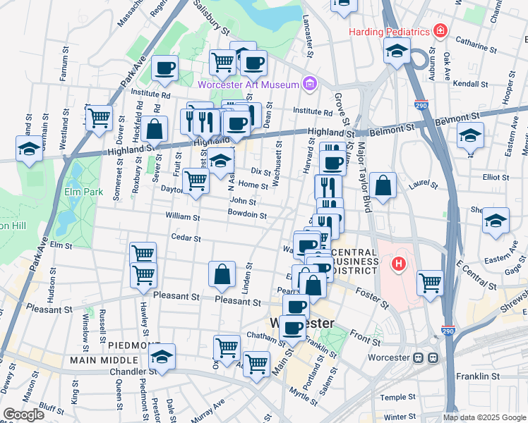 map of restaurants, bars, coffee shops, grocery stores, and more near 4 Wesby Street in Worcester
