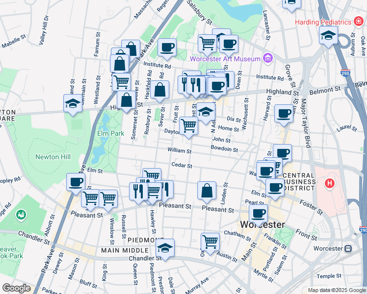 map of restaurants, bars, coffee shops, grocery stores, and more near 21 Dayton Street in Worcester