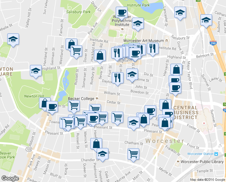 map of restaurants, bars, coffee shops, grocery stores, and more near 21 Dayton Street in Worcester