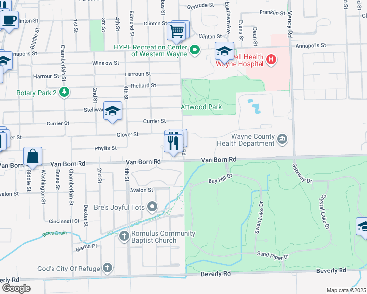 map of restaurants, bars, coffee shops, grocery stores, and more near 33943 Glover Street in Wayne
