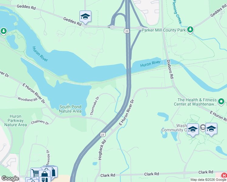 map of restaurants, bars, coffee shops, grocery stores, and more near 4193 Thornoaks Drive in Ann Arbor