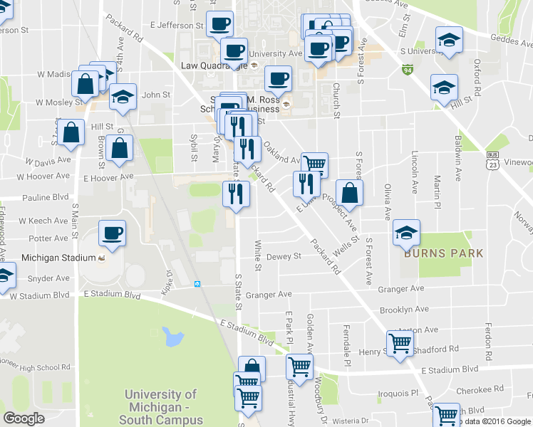 map of restaurants, bars, coffee shops, grocery stores, and more near 1111 White Street in Ann Arbor