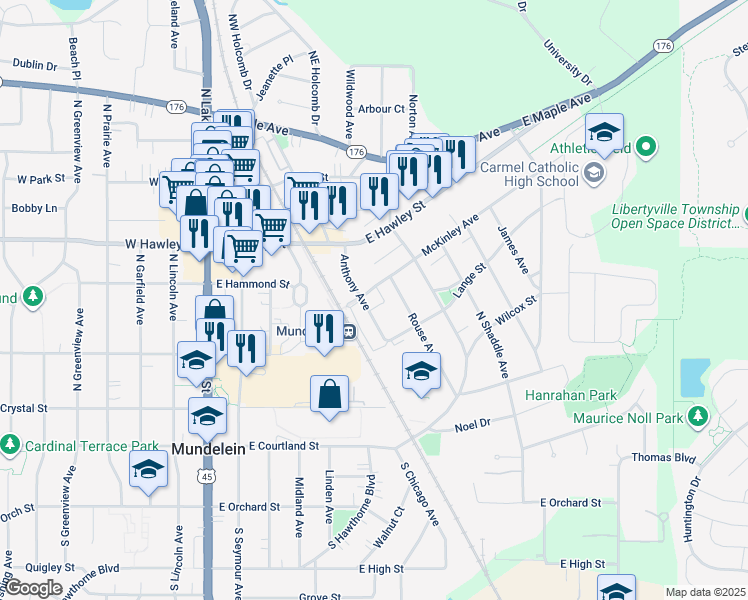 map of restaurants, bars, coffee shops, grocery stores, and more near 400 McKinley Avenue in Mundelein