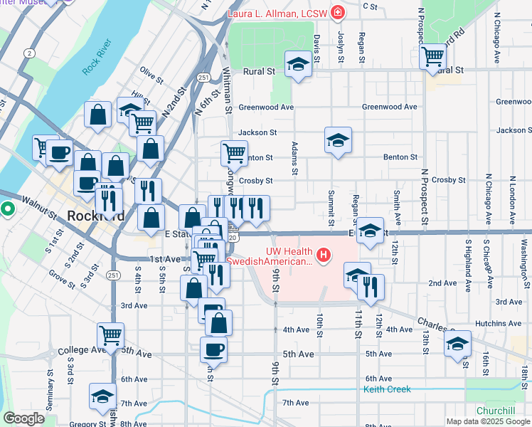 map of restaurants, bars, coffee shops, grocery stores, and more near 1212 Revell Avenue in Rockford