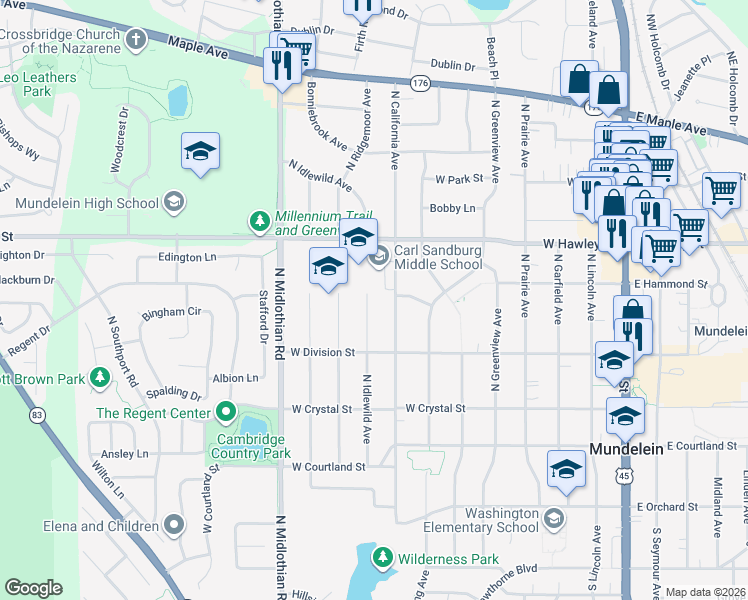 map of restaurants, bars, coffee shops, grocery stores, and more near 270 North Idlewild Avenue in Mundelein