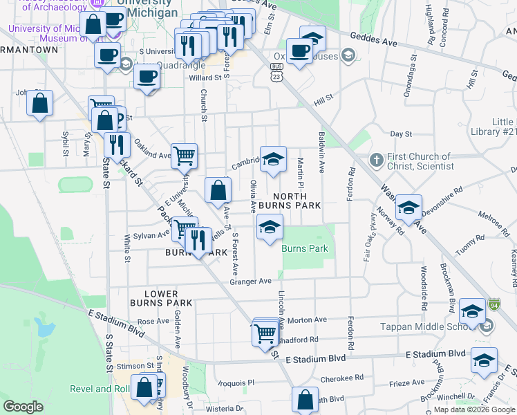 map of restaurants, bars, coffee shops, grocery stores, and more near 1040 Olivia Avenue in Ann Arbor