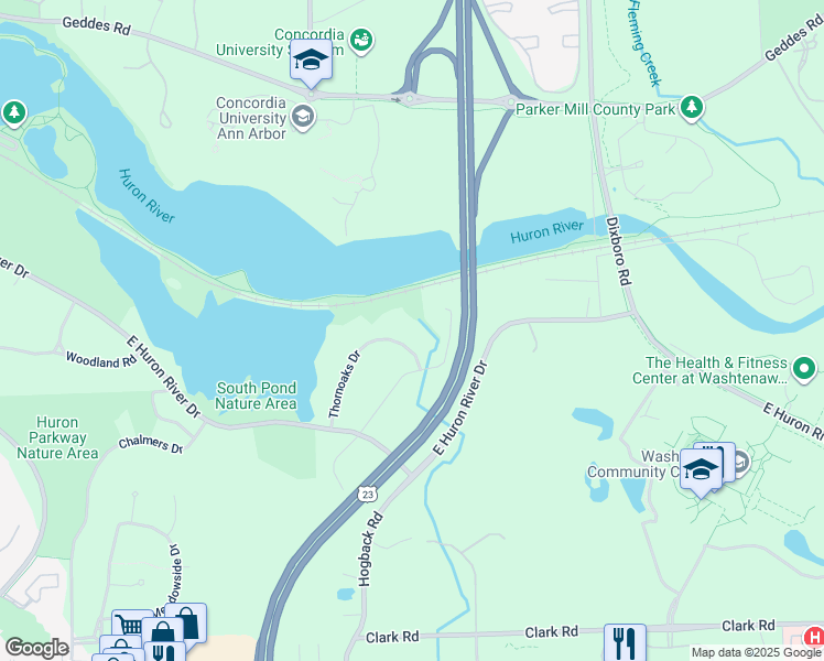 map of restaurants, bars, coffee shops, grocery stores, and more near 4193 Thornoaks Drive in Ann Arbor