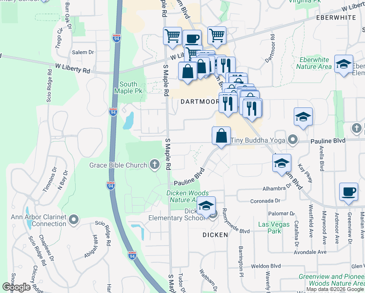 map of restaurants, bars, coffee shops, grocery stores, and more near 2078 Pauline Boulevard in Ann Arbor