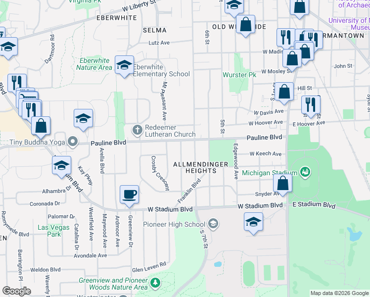 map of restaurants, bars, coffee shops, grocery stores, and more near in Ann Arbor