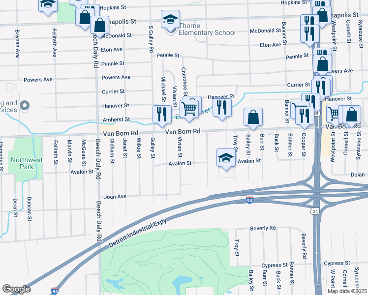 map of restaurants, bars, coffee shops, grocery stores, and more near 25111 Van Born Road in Taylor