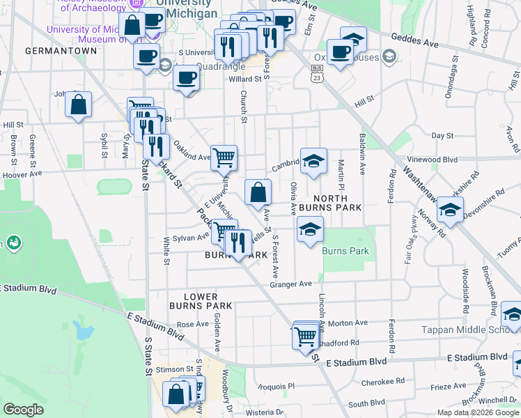 map of restaurants, bars, coffee shops, grocery stores, and more near 1113 South Forest Avenue in Ann Arbor