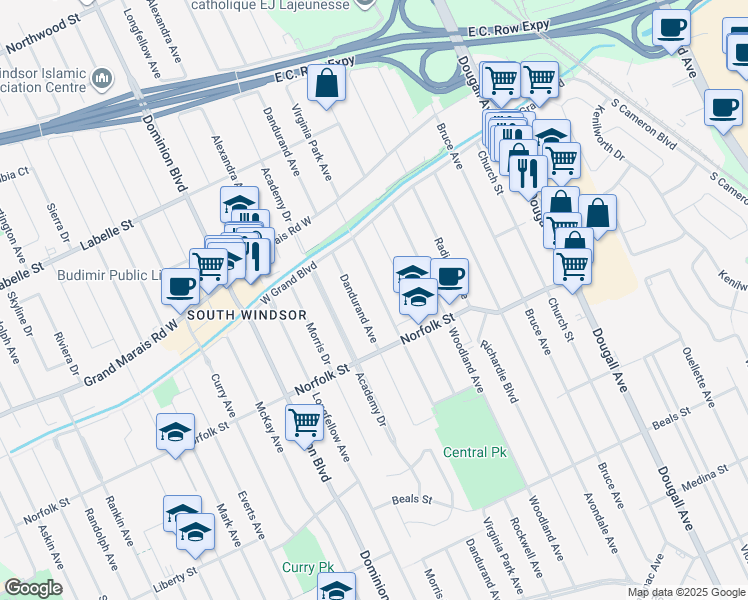 map of restaurants, bars, coffee shops, grocery stores, and more near 3115 Virginia Park Avenue in Windsor
