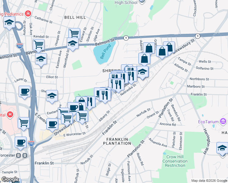 map of restaurants, bars, coffee shops, grocery stores, and more near Shrewsbury Street in Worcester