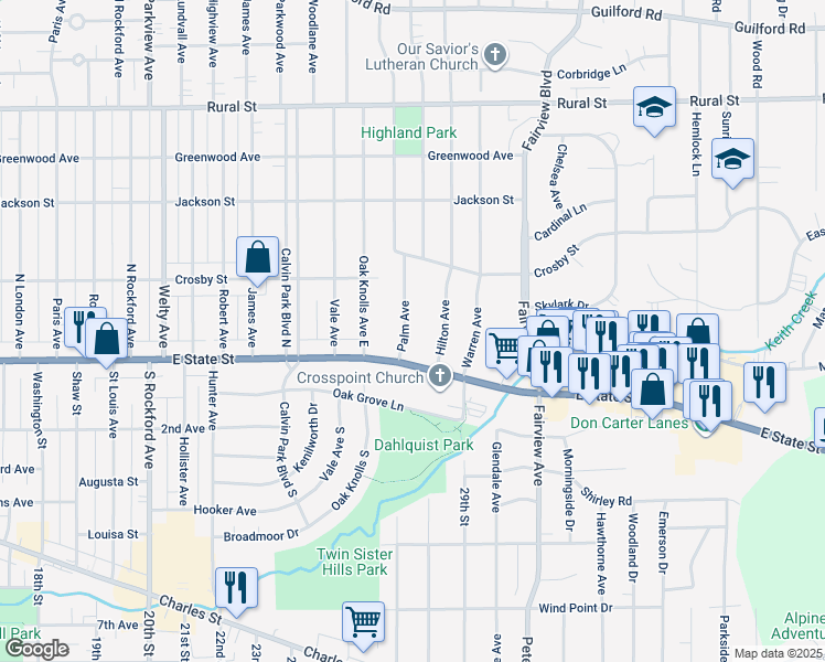 map of restaurants, bars, coffee shops, grocery stores, and more near 201 Palm Avenue in Rockford