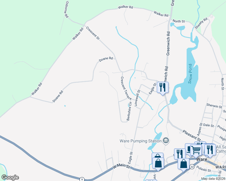 map of restaurants, bars, coffee shops, grocery stores, and more near 27 Berkshire Drive in Ware
