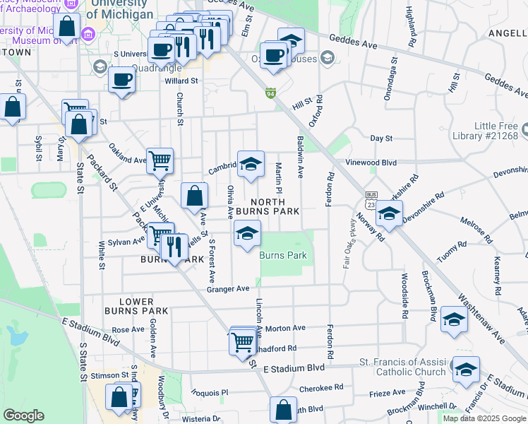 map of restaurants, bars, coffee shops, grocery stores, and more near 1028 Lincoln Avenue in Ann Arbor