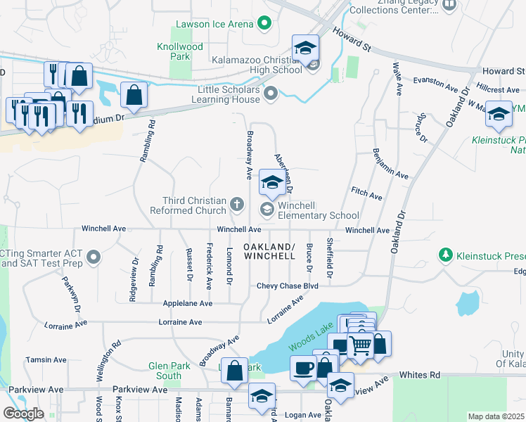 map of restaurants, bars, coffee shops, grocery stores, and more near 2316 Winchell Avenue in Kalamazoo