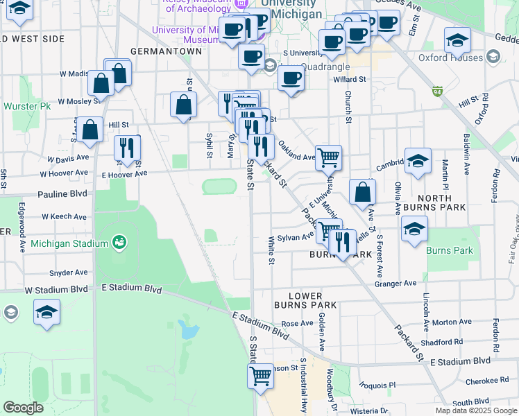 map of restaurants, bars, coffee shops, grocery stores, and more near 1109 South State Street in Ann Arbor