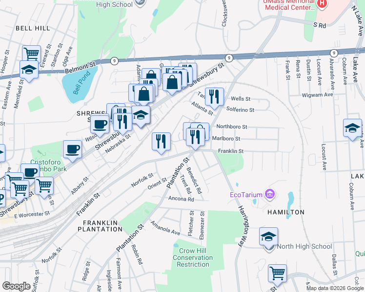 map of restaurants, bars, coffee shops, grocery stores, and more near 673 Franklin Street in Worcester