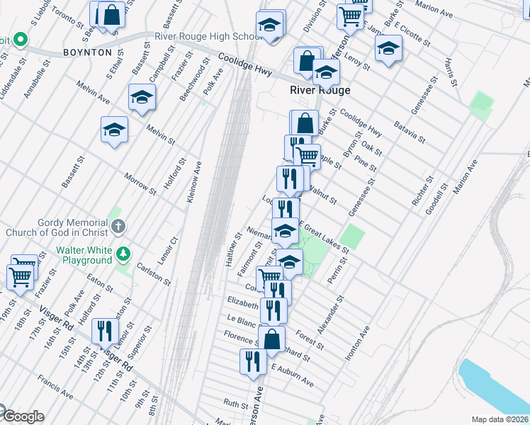 map of restaurants, bars, coffee shops, grocery stores, and more near 127 Haltiner Street in River Rouge