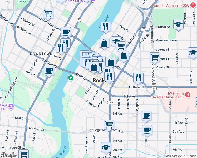 map of restaurants, bars, coffee shops, grocery stores, and more near 401 East State Street in Rockford