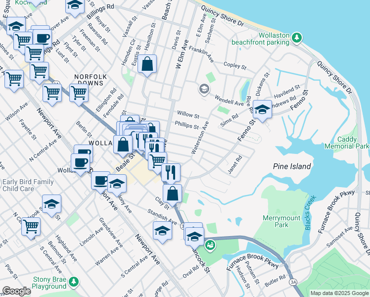 map of restaurants, bars, coffee shops, grocery stores, and more near 133 Marlboro Street in Quincy