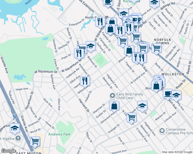 map of restaurants, bars, coffee shops, grocery stores, and more near 42 Hamilton Avenue in Quincy