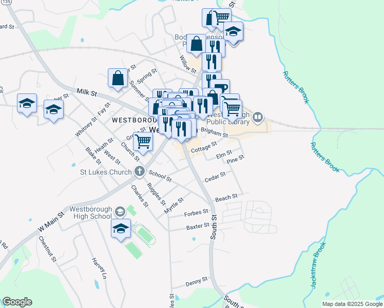 map of restaurants, bars, coffee shops, grocery stores, and more near 40 South Street in Westborough