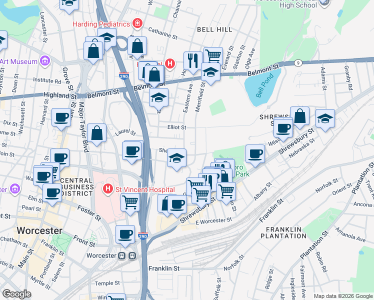 map of restaurants, bars, coffee shops, grocery stores, and more near 67 Eastern Avenue in Worcester