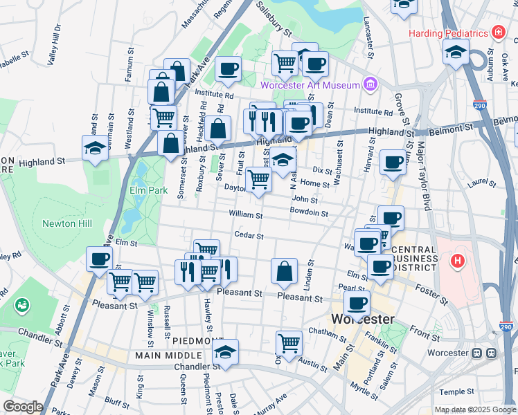 map of restaurants, bars, coffee shops, grocery stores, and more near 21 Dayton Street in Worcester