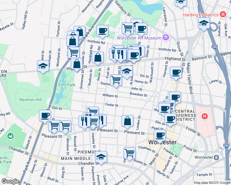map of restaurants, bars, coffee shops, grocery stores, and more near 21 Dayton Street in Worcester