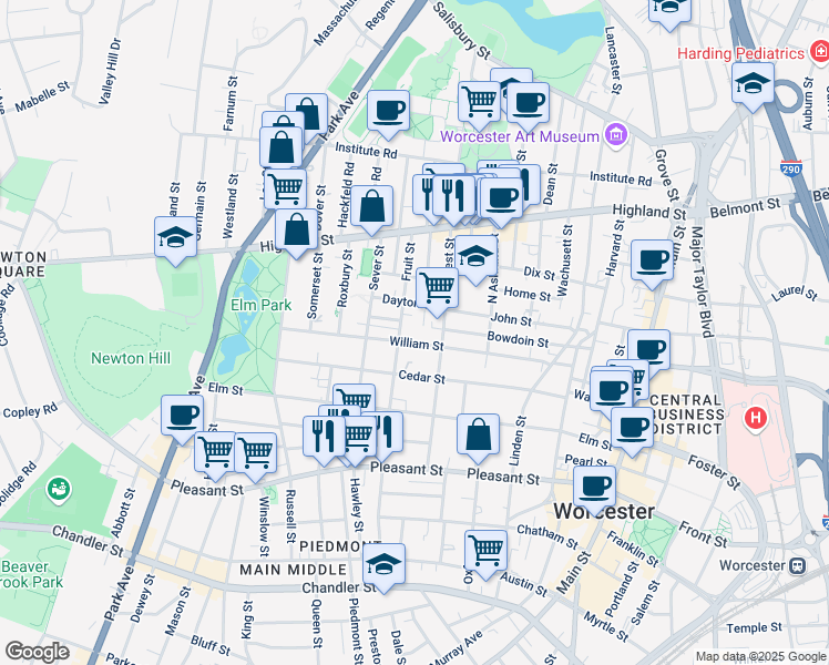 map of restaurants, bars, coffee shops, grocery stores, and more near 21 Dayton Street in Worcester