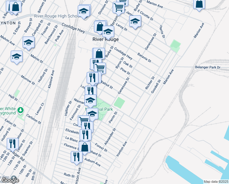 map of restaurants, bars, coffee shops, grocery stores, and more near 83 Walnut Street in River Rouge