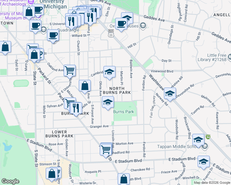 map of restaurants, bars, coffee shops, grocery stores, and more near 1028 Lincoln Avenue in Ann Arbor