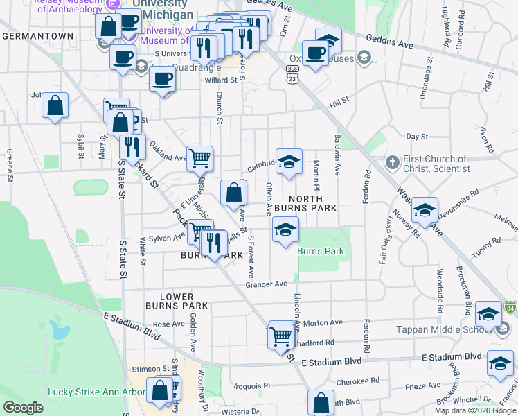 map of restaurants, bars, coffee shops, grocery stores, and more near 1040 Olivia Avenue in Ann Arbor